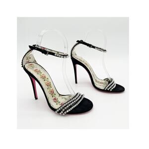 Gucci Ilse Crystal Embellished Black Suede Ankle Strap Stiletto Sandals EU 36.5